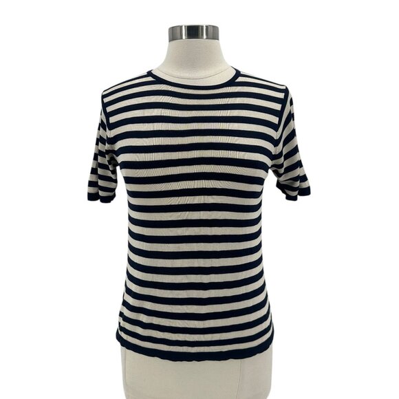 Evelyn & Arthur Silk Stripe Navy Blue Ivory Knit Top Womens Medium - Picture 1 of 7